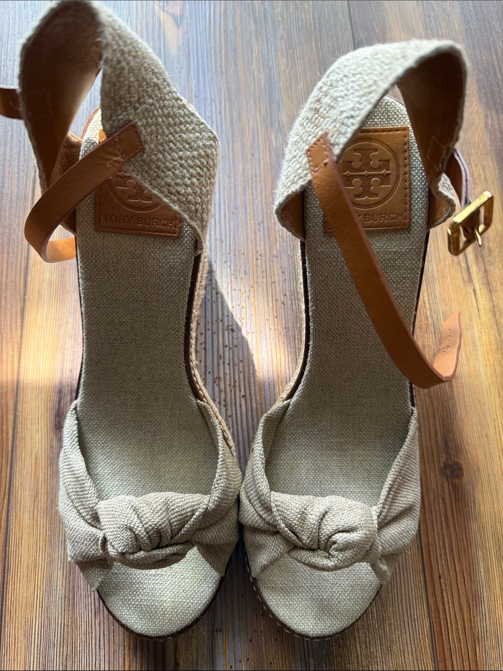 Tory Burch Beige Canvas Knotted Espadrille Wedge Sandals